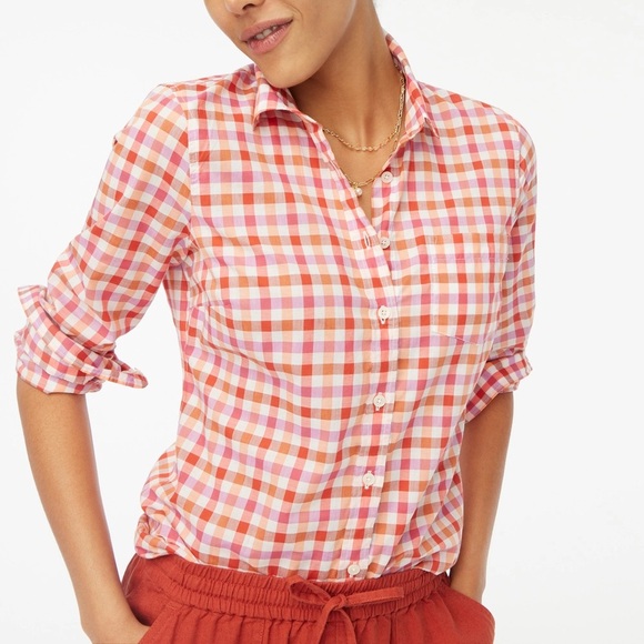 J. Crew Pink Gingham Plaid Cotton Button Up Shirt in Signature Fit NWT Size S - Picture 1 of 12